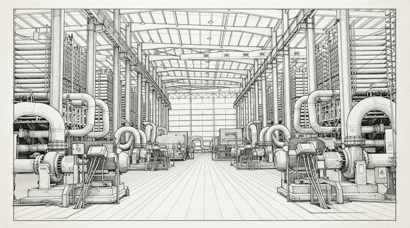 Line drawing of a pumping hall, gate 4 readiness