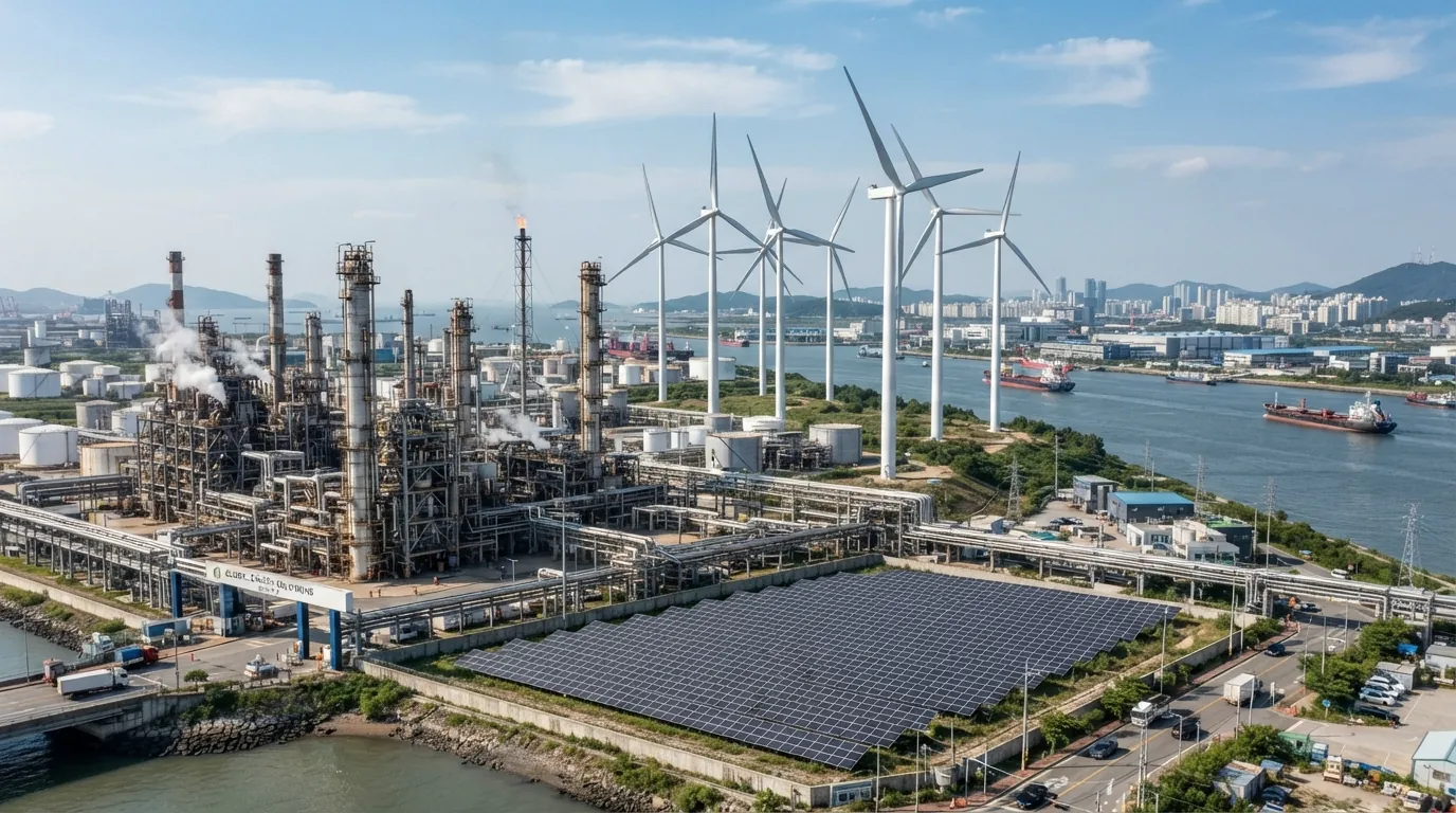 Refinery, wind turbines and solar field on a coastline